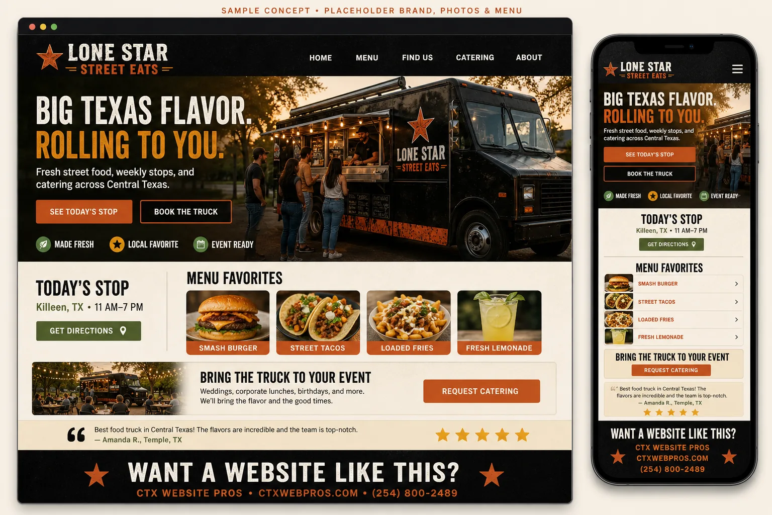 Fictional Lone Star Street Eats website concept shown on desktop and mobile screens